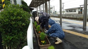 写真：駅周辺の花壇の手入れを行う広野町婦人会のみなさん