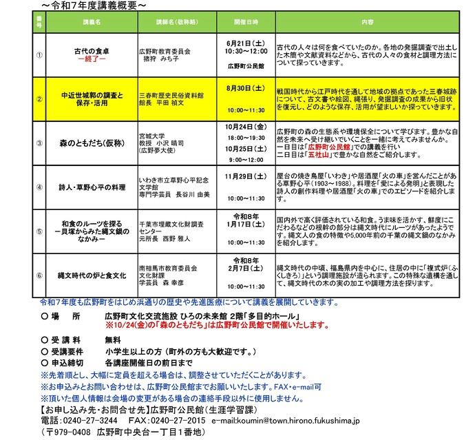 令和7年度「広野町ふるさと創生大学」講義概要